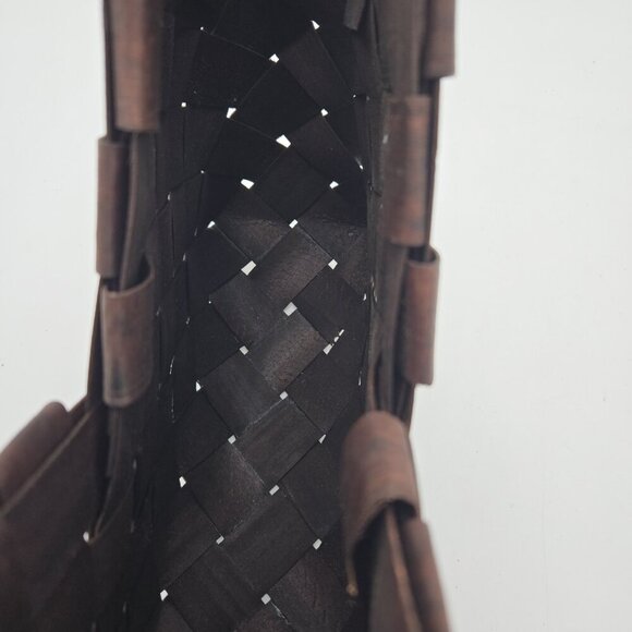 Dark Brown Wood Basket Weave Handbag Womens Medium Handles Coastal Cottagecore - Picture 12 of 14